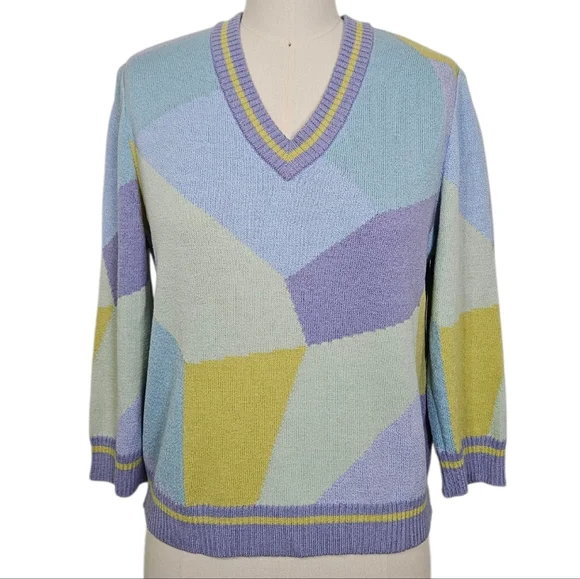 St John Sport Santana Knit Vintage Geometric Pastel V-Neck Sweater S - Picture 2 of 10